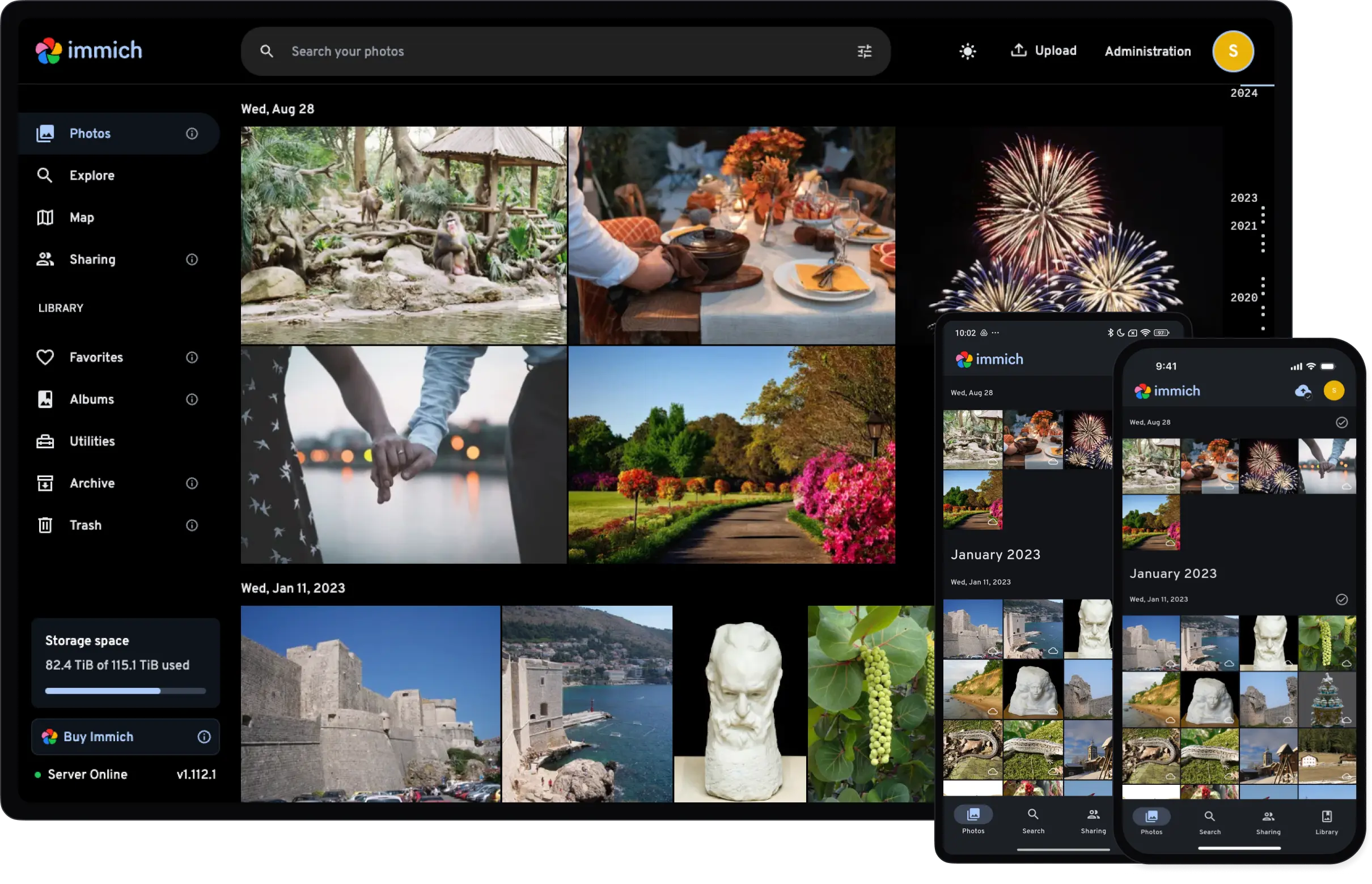 DaemonClient Photos — web and mobile interface showing a photo timeline